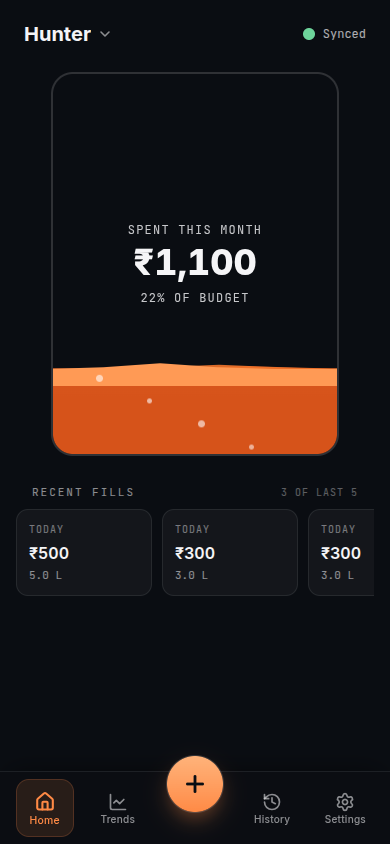 FuelNote home screen — Hunter vehicle, ₹1,100 spent this month, 22% of budget